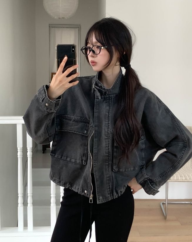 Maden Big Pocket Washed Cropped Denim Jacket