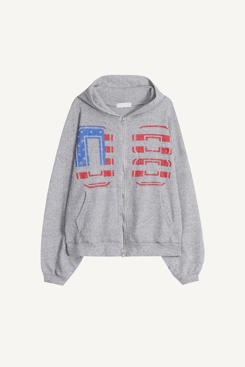 Vintage Graphic Waffle Hood Zip-Up