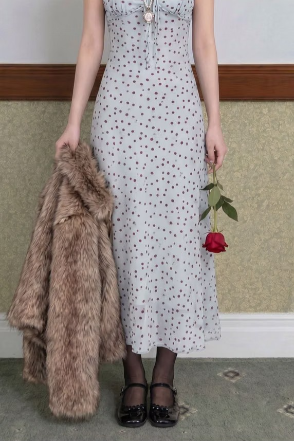 MISTY BLUE POLKA DOT SLIP DRESS