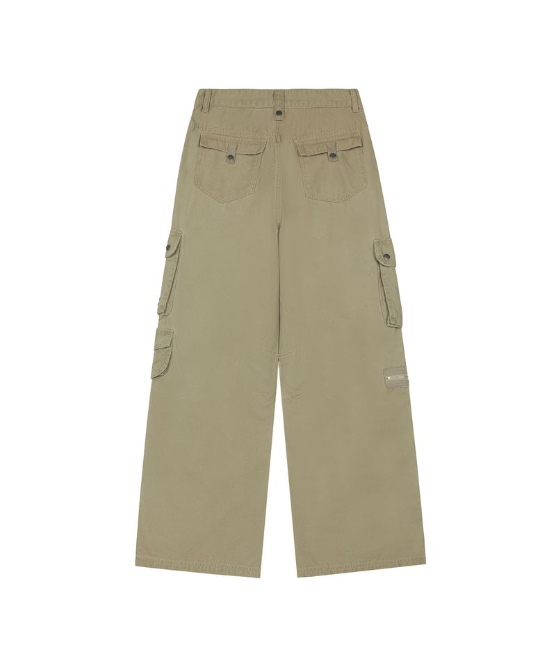 Multi Pocket Eyelet Wide Cotton Pants - BEIGE