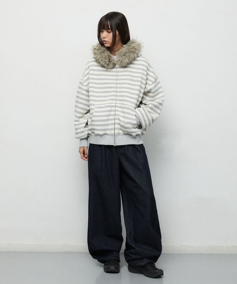 STRIPE FUR HOOD ZIP-UP_GREY