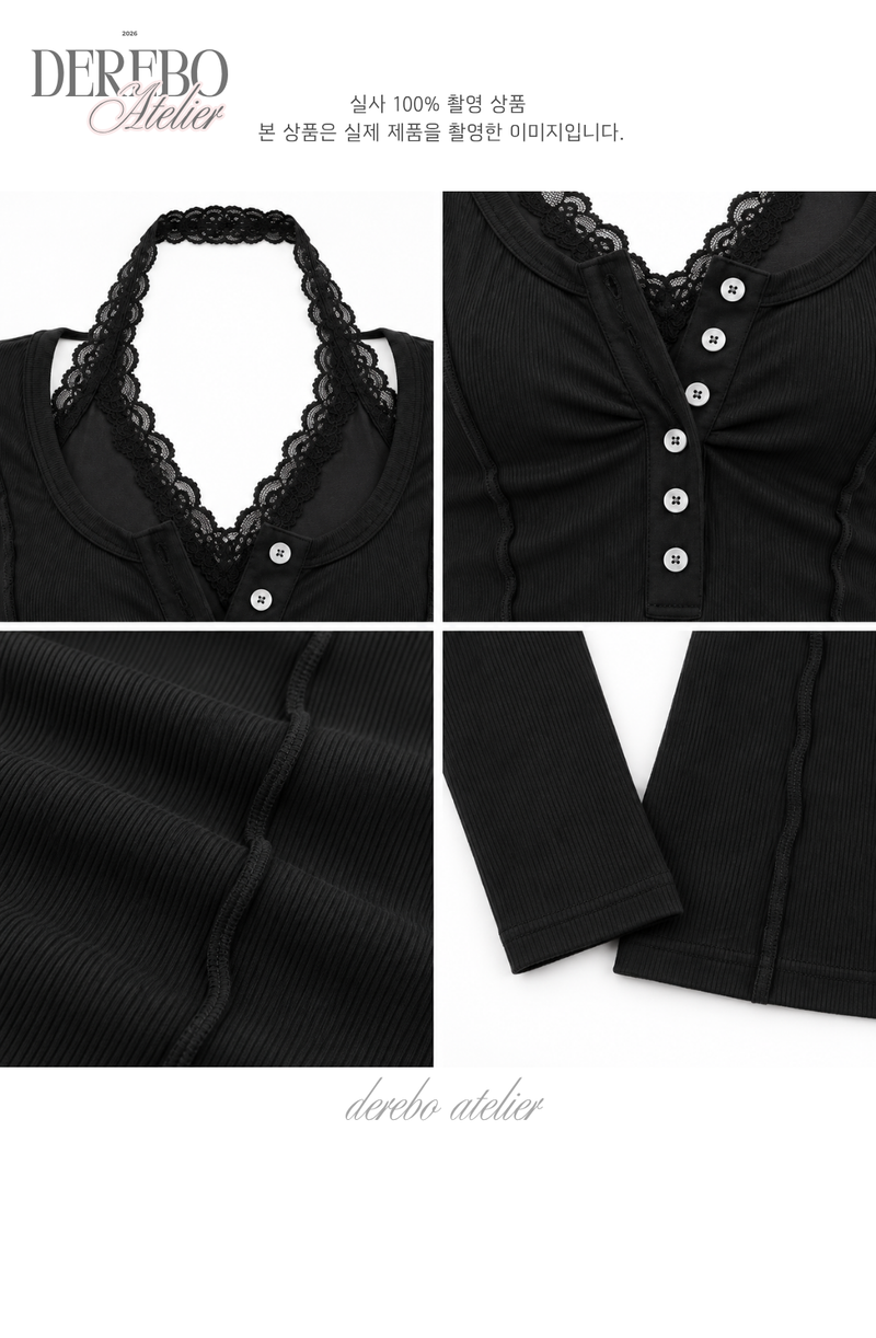Black halter neck lace button long sleeve tee