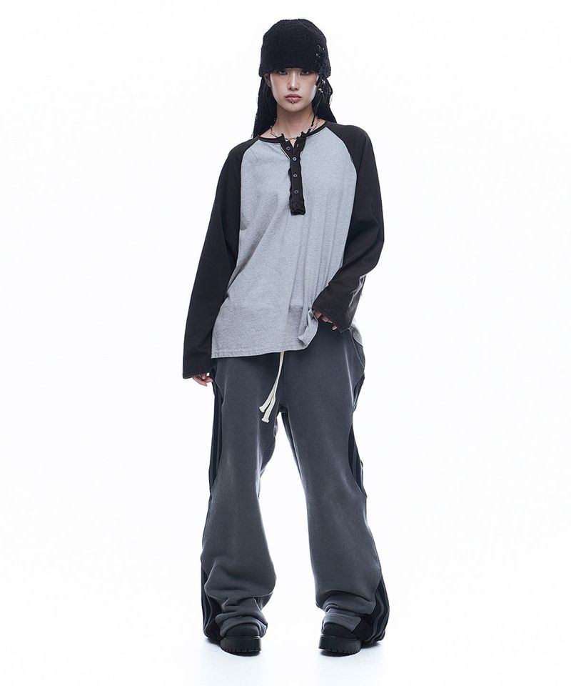 Deep Hen Neck Raglan Long Sleeve - Gray