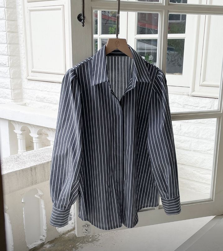 26FW★ Rodellson Puff Hidden Button Stripe Shirt