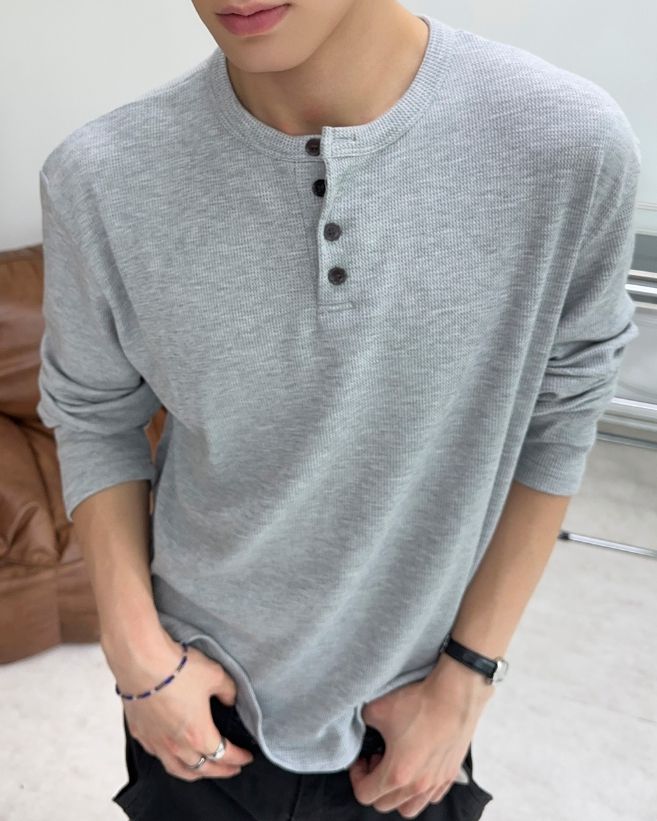 Diva Waffle Crop Henley Neck Long Sleeve
