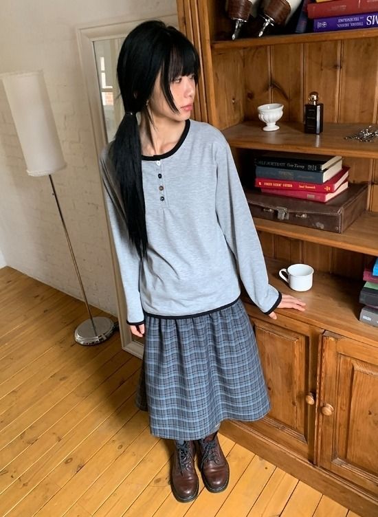 Ulan Shirring Check Banding Midi Skirt