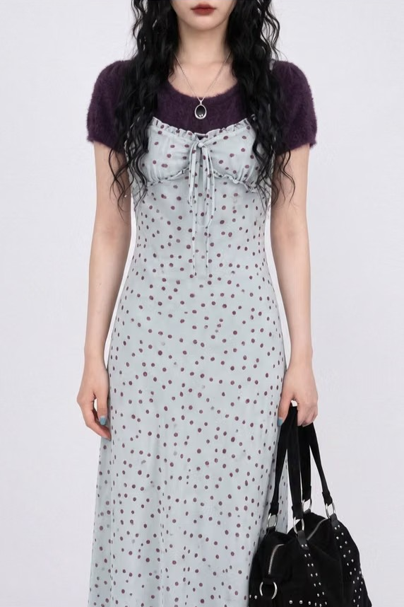 MISTY BLUE POLKA DOT SLIP DRESS