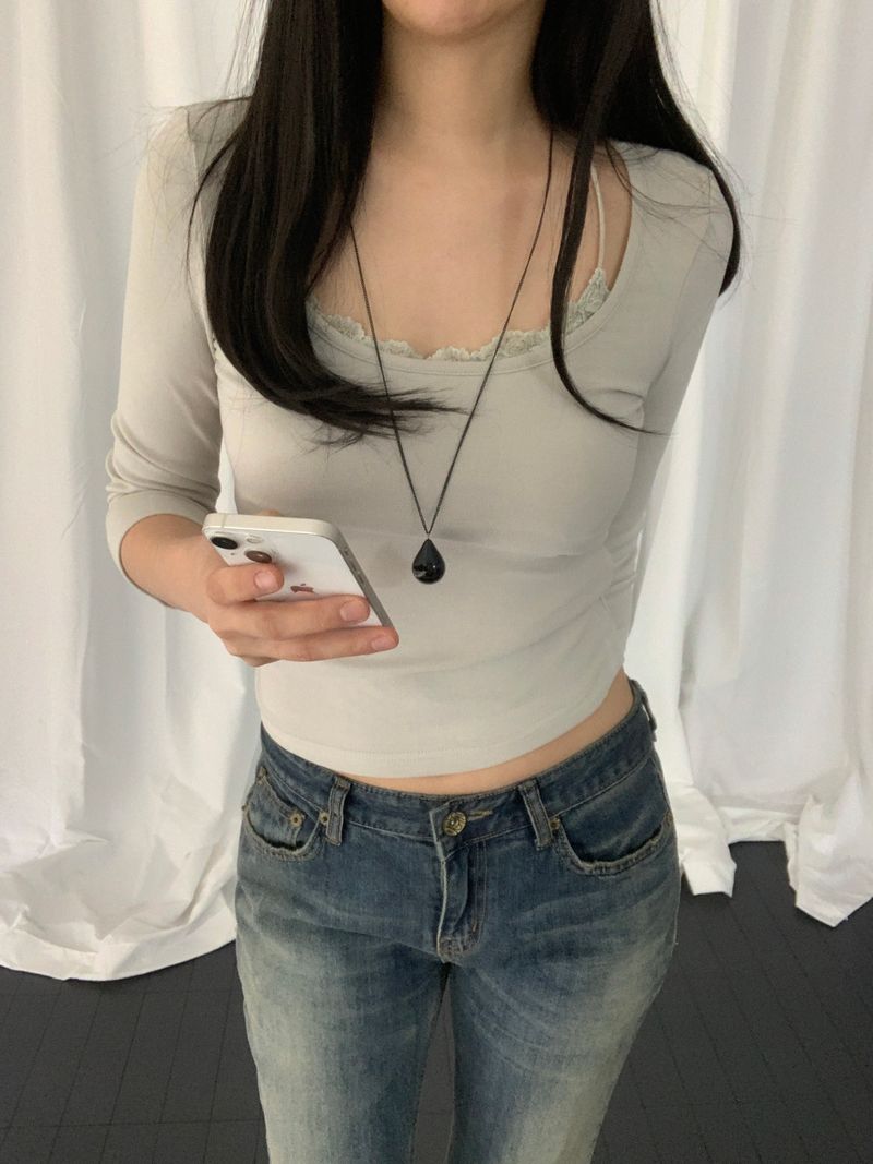 Romini Lace-Trimmed 3/4 Sleeve Top
