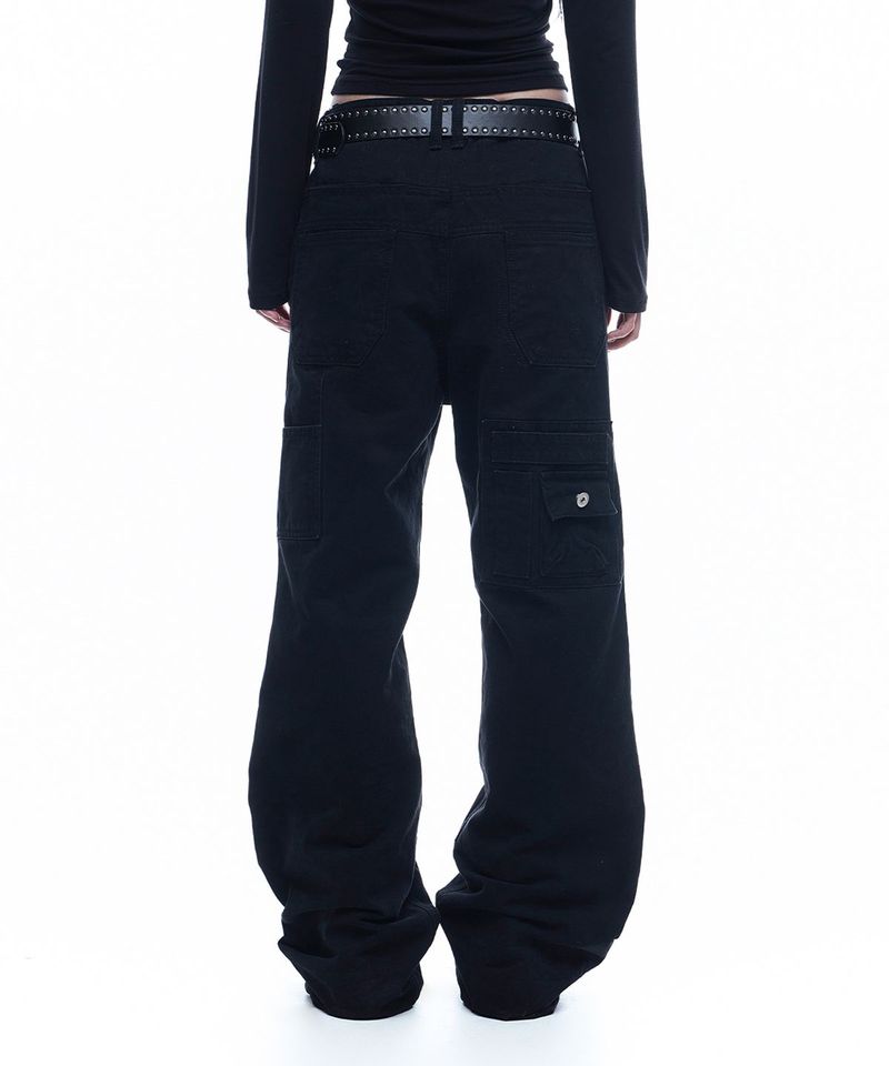 Washed Multi-Pocket Semi-Flare Pants - Black
