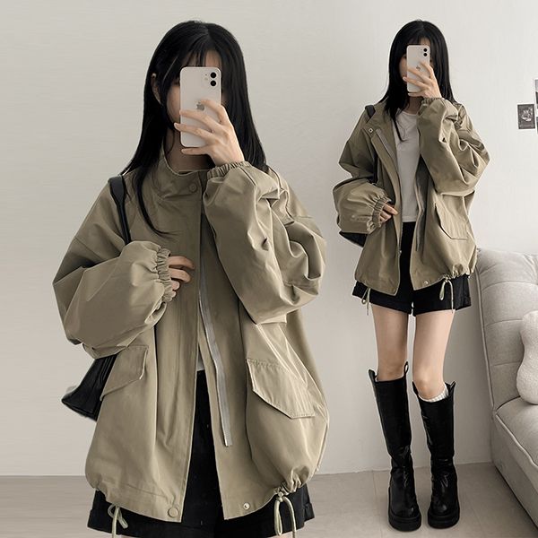 Ryeing High-Neck String Balloon-Sleeve Field Jacket (3 colors)