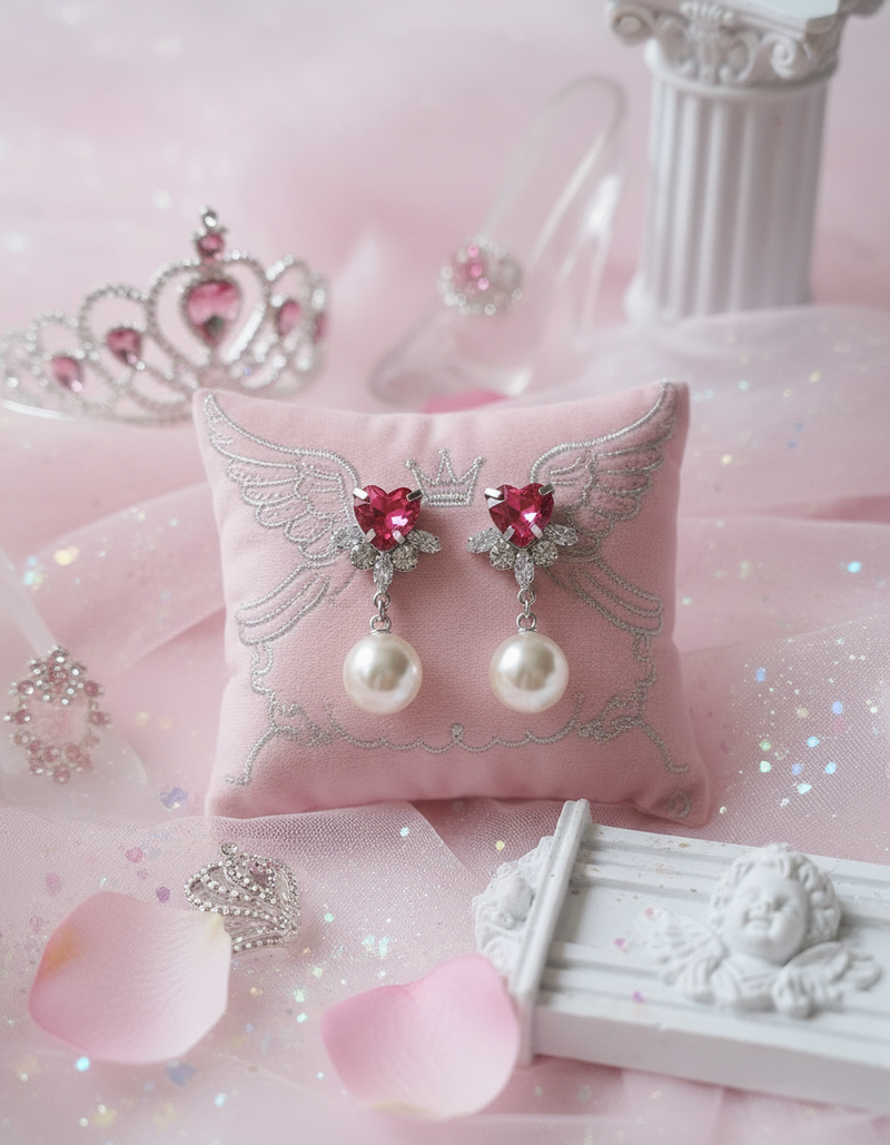 [IU Piercing] Heart Crystal and Pearl Piercing - Rosepink