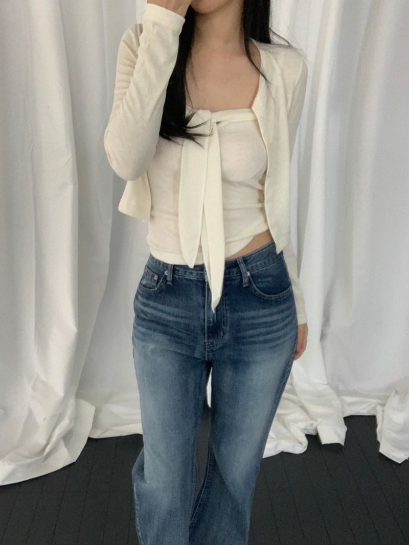 [set] Cervi ribbon sleeveless cardigan set