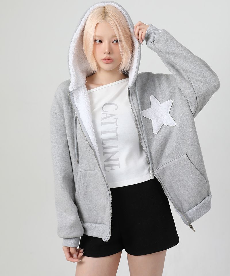 (기모) Patch Two-way Hood Zip-up