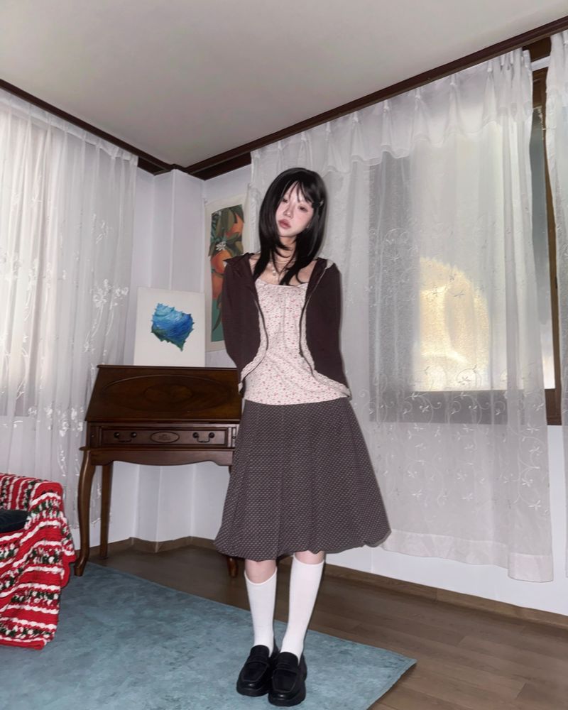 (2color) Dot Pleated Balloon Skirt