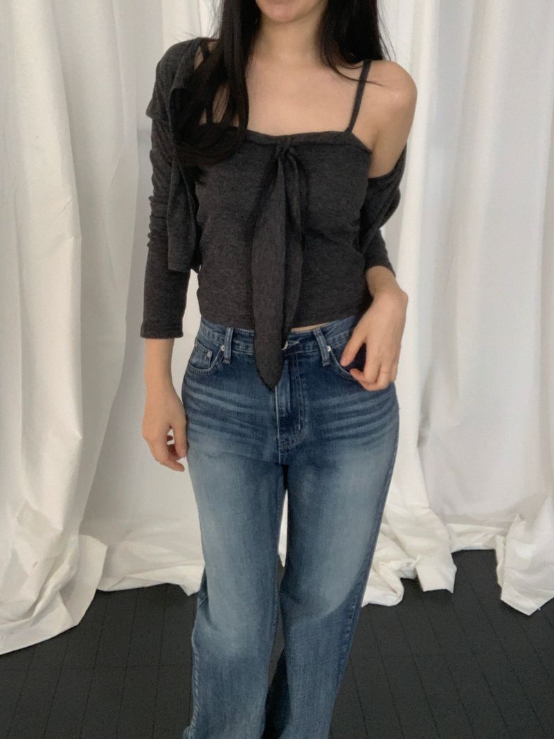 [set] Cervi ribbon sleeveless cardigan set