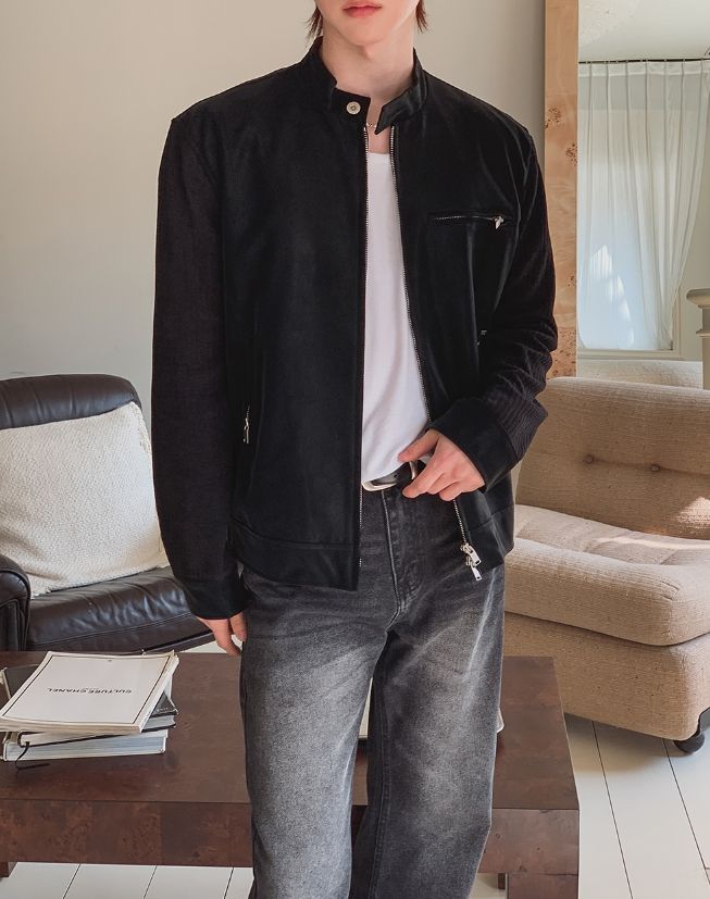 Ento Leather Knit Color Matching Rider Jacket