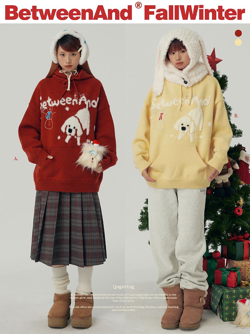 BETWEENAND（ビトゥウィーンアンド）の「BETWEENAND Women’s kids’ hoodie sweater with a playful design – a new winter/Christmas red knitted top（Tops）」