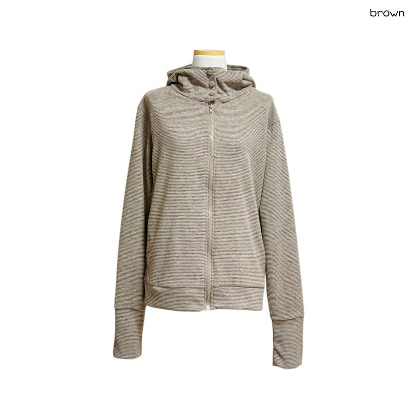 (3color) Button High-Neck Stripe Brushed Hood Zip-Up