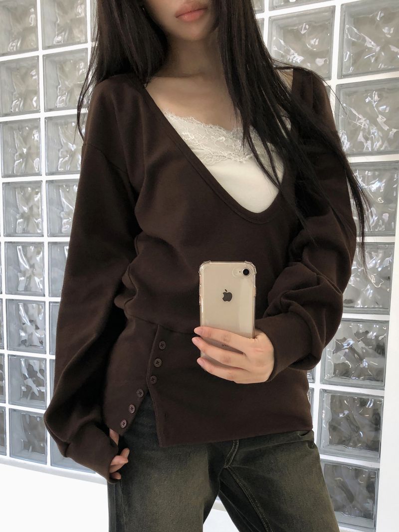 Morang Deep V-Neck Button Sweatshirt
