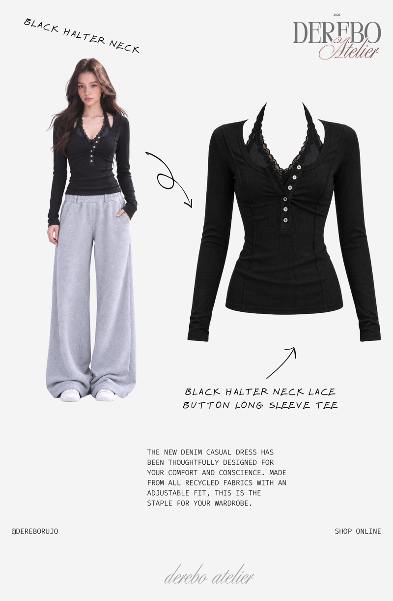 Black halter neck lace button long sleeve tee