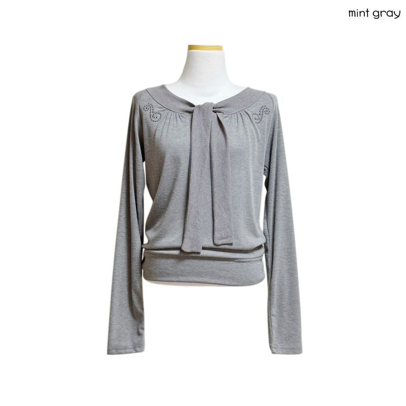 (3color) Studded Tie-Neck Soft Knit Tee