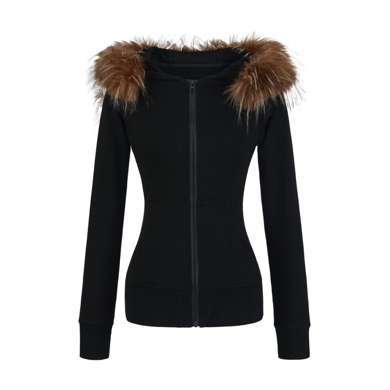 Fur-Trim Slim Hood Zip-Up