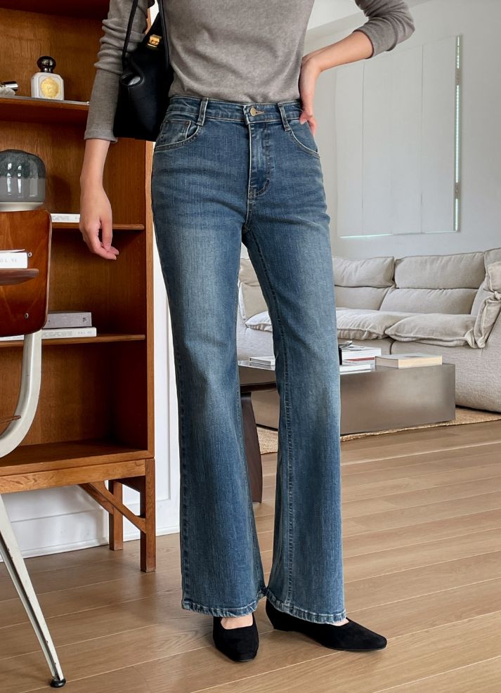 レイティブ ウォッシング スパン ブーツカット デニム パンツ