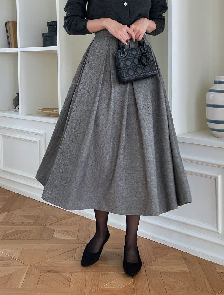 Nortel Pintuck Herringbone Flare Long Skirt