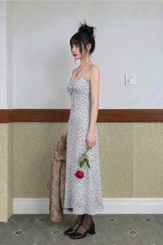 MISTY BLUE POLKA DOT SLIP DRESS