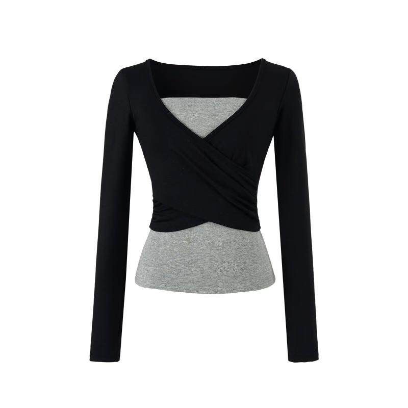 Layered Wrap Crop Long-Sleeve Top