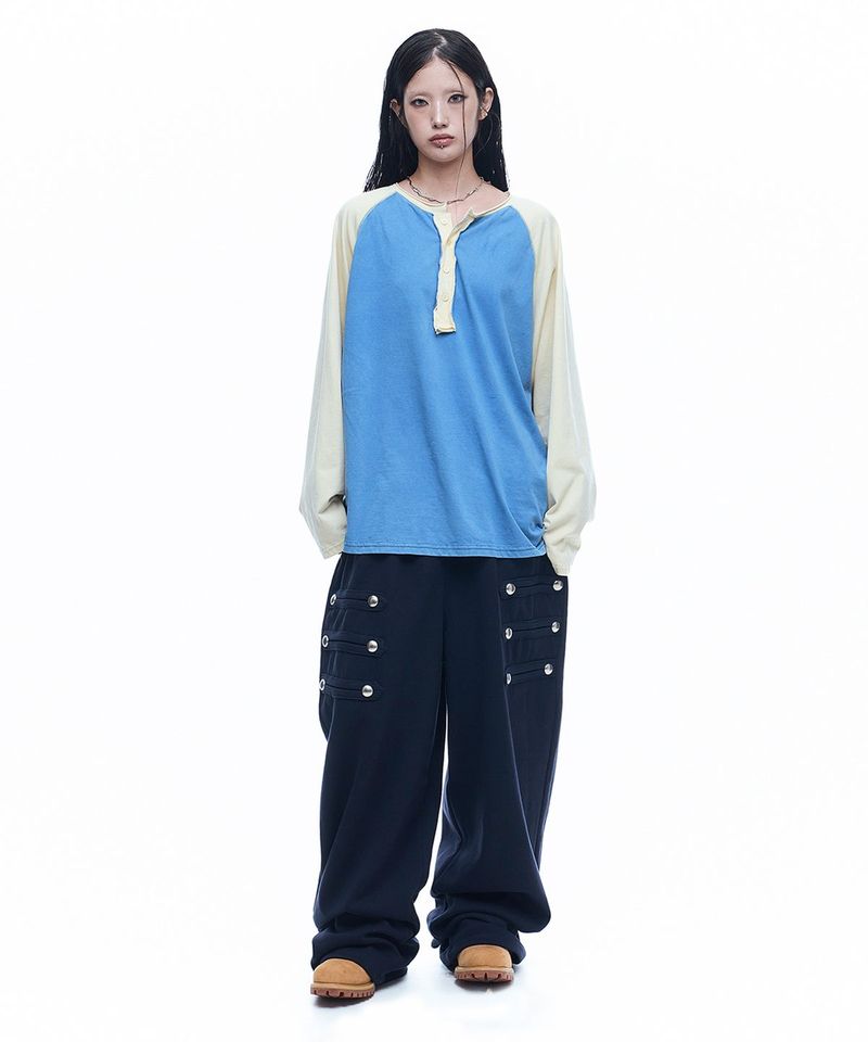 Deep Hen Neck Raglan Long Sleeve - Blue