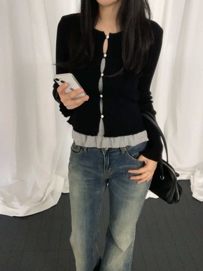 Tviche Round Neck Frill Button Cardigan