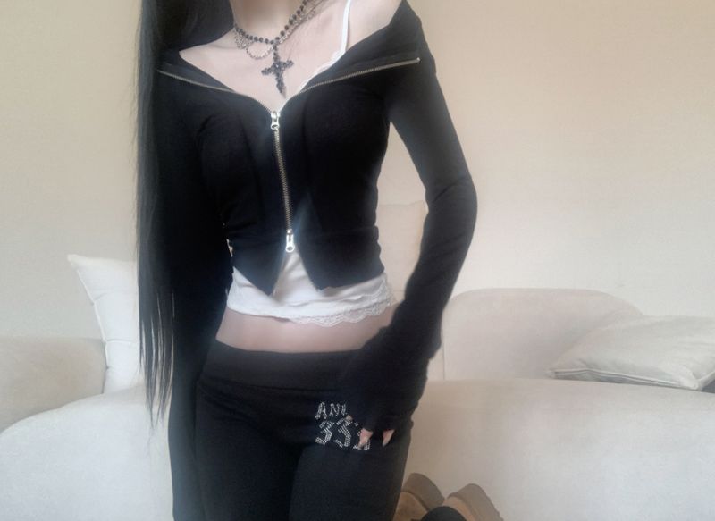 Solu Soft Shirring Hood Zip-up (Black)