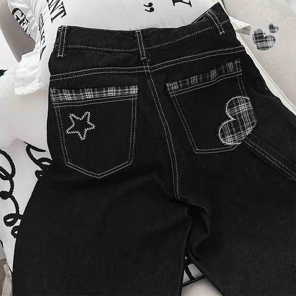 hijjoo(ハイチュー)の「ハート チェック スター カーペンター デニム ワイド パンツ (2 colors)(パンツ)」