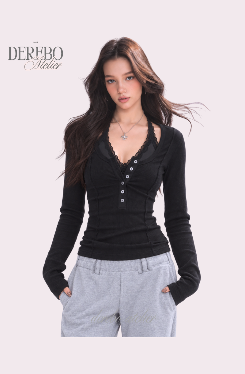 Black halter neck lace button long sleeve tee