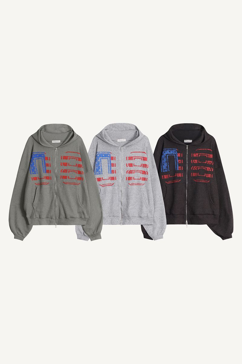 Vintage Graphic Waffle Hood Zip-Up