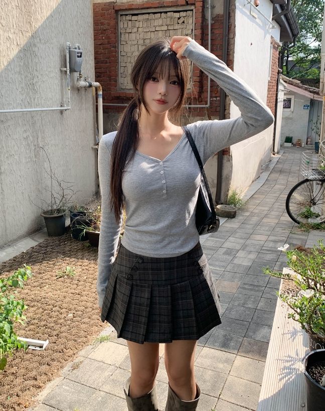 Cheed Check Button Pleated Mini Skirt