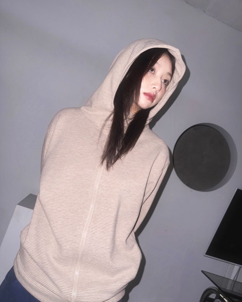 (3color) Button High-Neck Stripe Brushed Hood Zip-Up