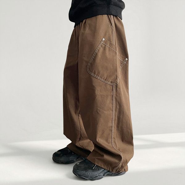 Stitch Diagonal Pocket String Cotton Wide Pants (4 colors)