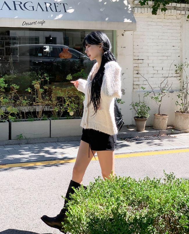 Bebe Sailor Collar Boucle Knit Cardigan