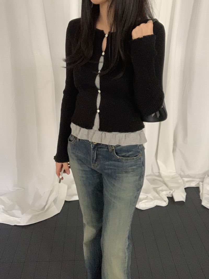 Tviche Round Neck Frill Button Cardigan