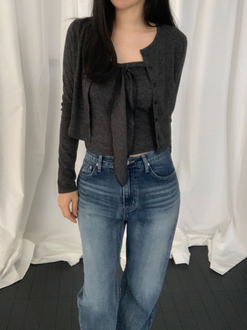 [set] Cervi ribbon sleeveless cardigan set