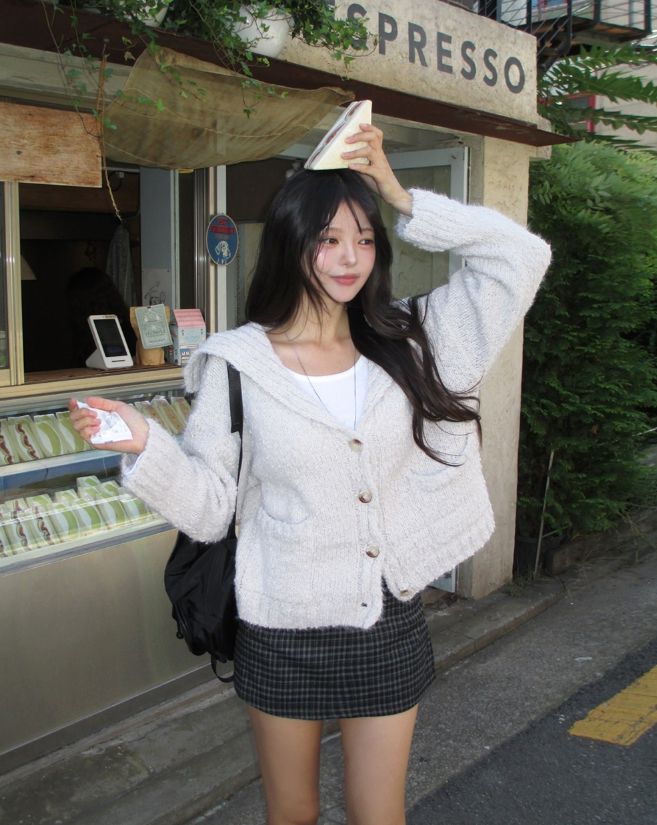 Bebe Sailor Collar Boucle Knit Cardigan