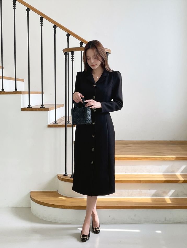 26FW★ ロイセル カラー ボタン Hライン ロング ワンピース (Belt Set)