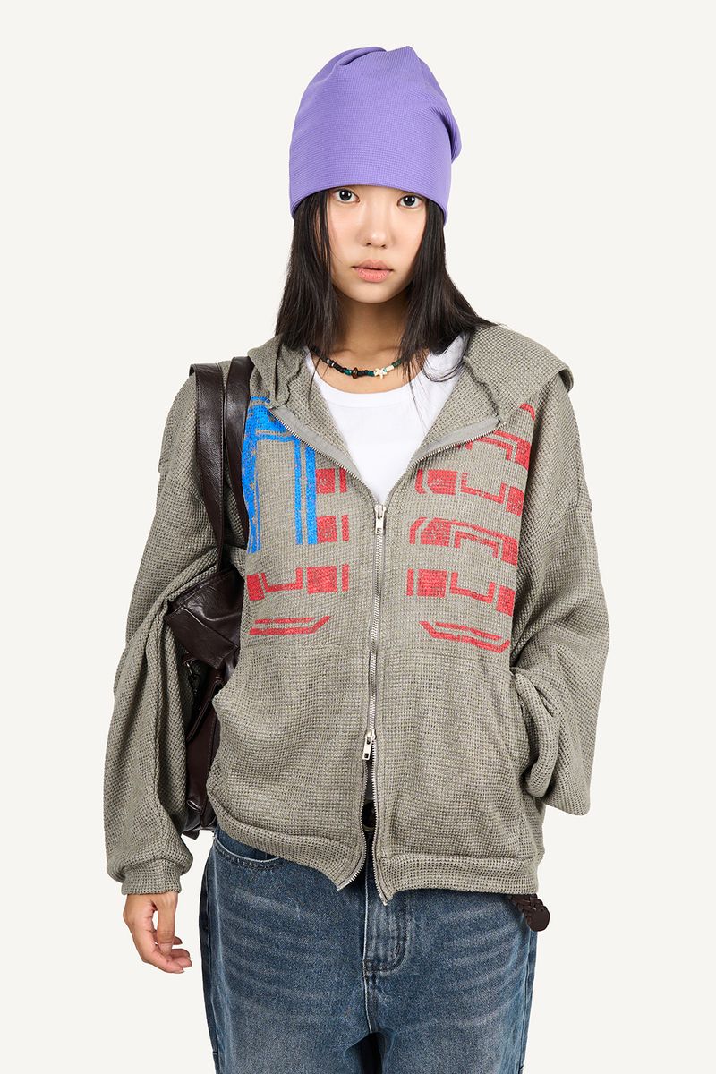 Raucohouse（ラウコハウス）の「Vintage Graphic Waffle Hood Zip-Up（Tops）」