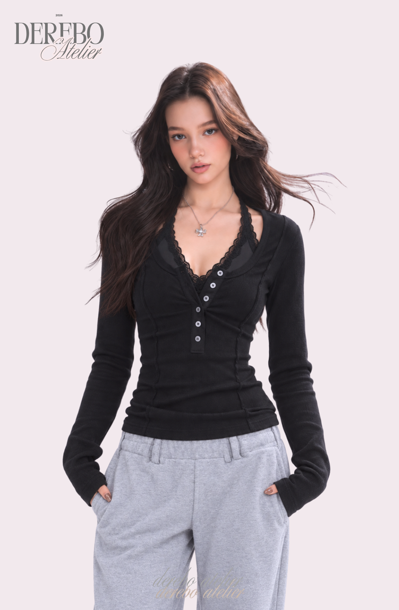 Black halter neck lace button long sleeve tee