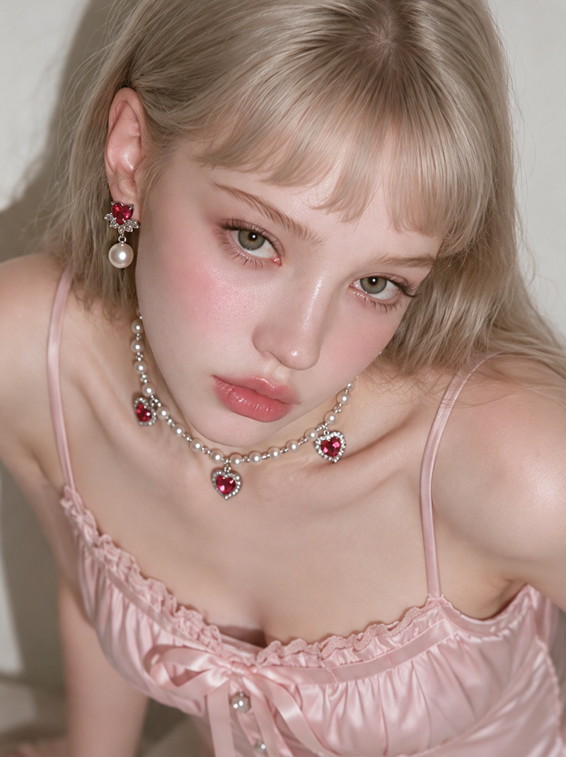 [IU Piercing] Heart Crystal and Pearl Piercing - Rosepink