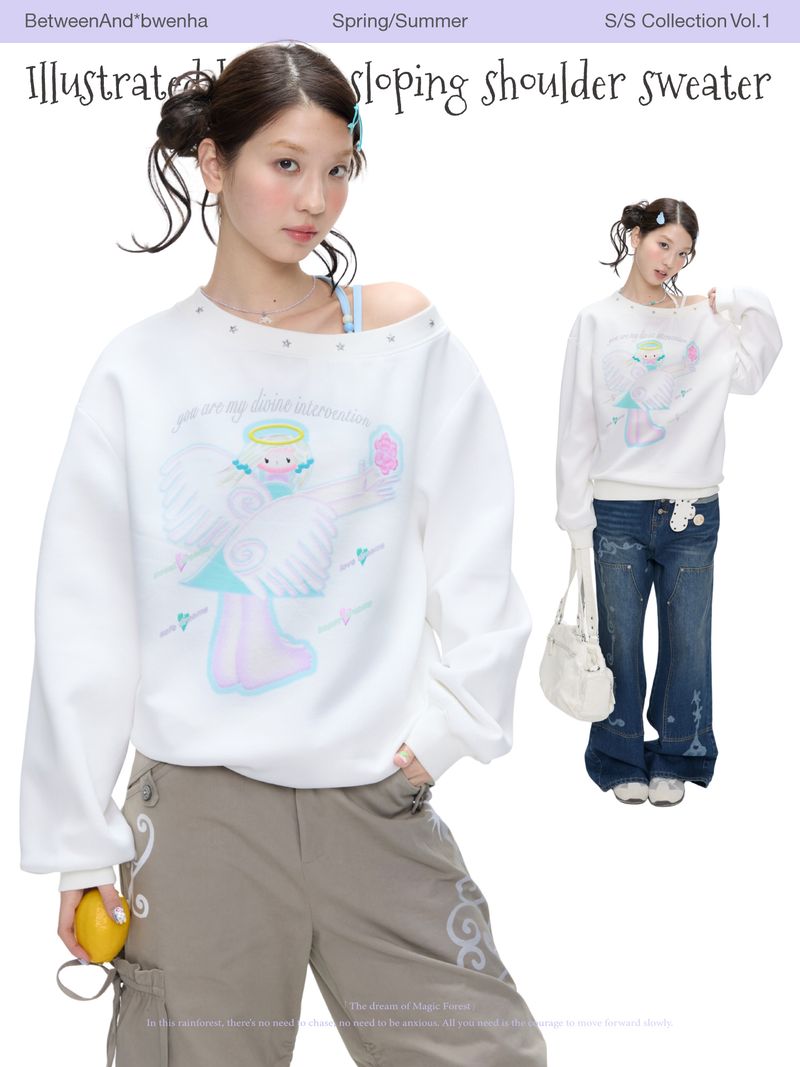 BETWEENAND（ビトゥウィーンアンド）の「BETWEENAND Angel Wing Autumn White Star Embellished Slip Shoulder Angel Sweatshirt for Women（Tops）」