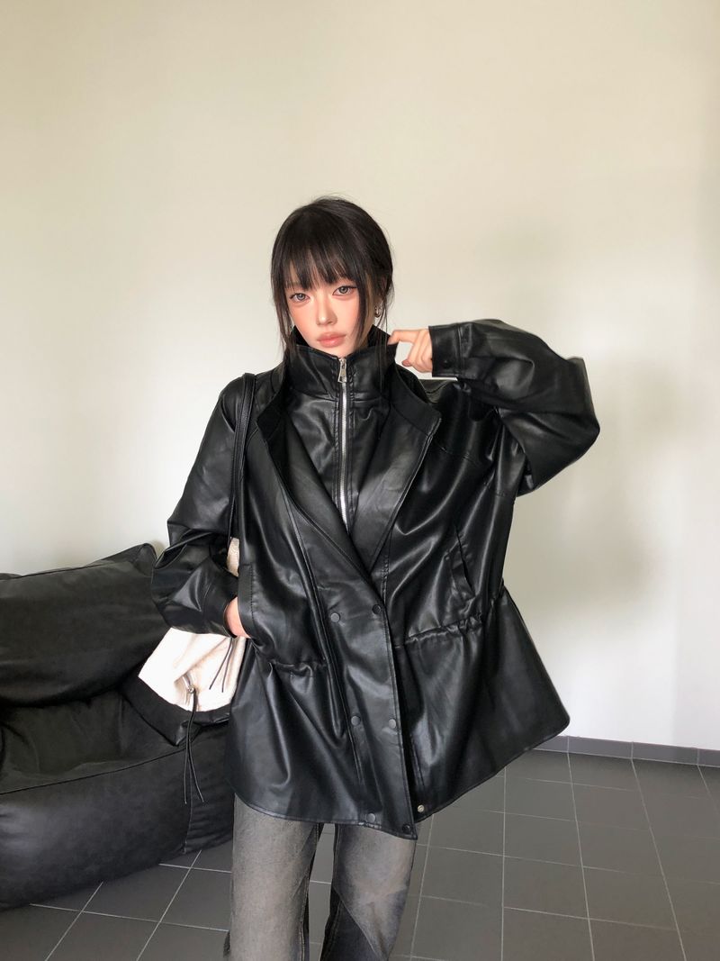 レヴェン ハイネック レイヤード レザー ジャケット