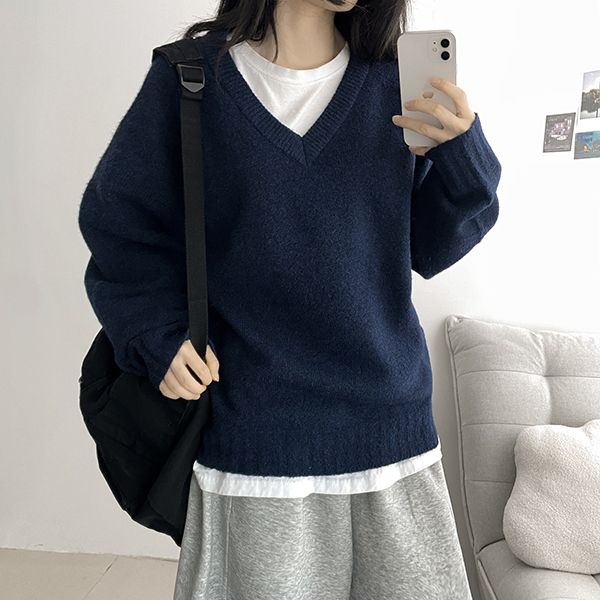 アンソルベーシックルーズフィットVネックニット (10 colors)